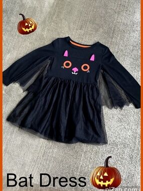 🦇 Black Halloween Cat Face Tulle Dress with Pink & Orange Accents